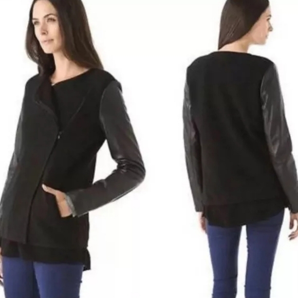 Vince black leather wool minimalist coat jacket - Picture 1 of 15